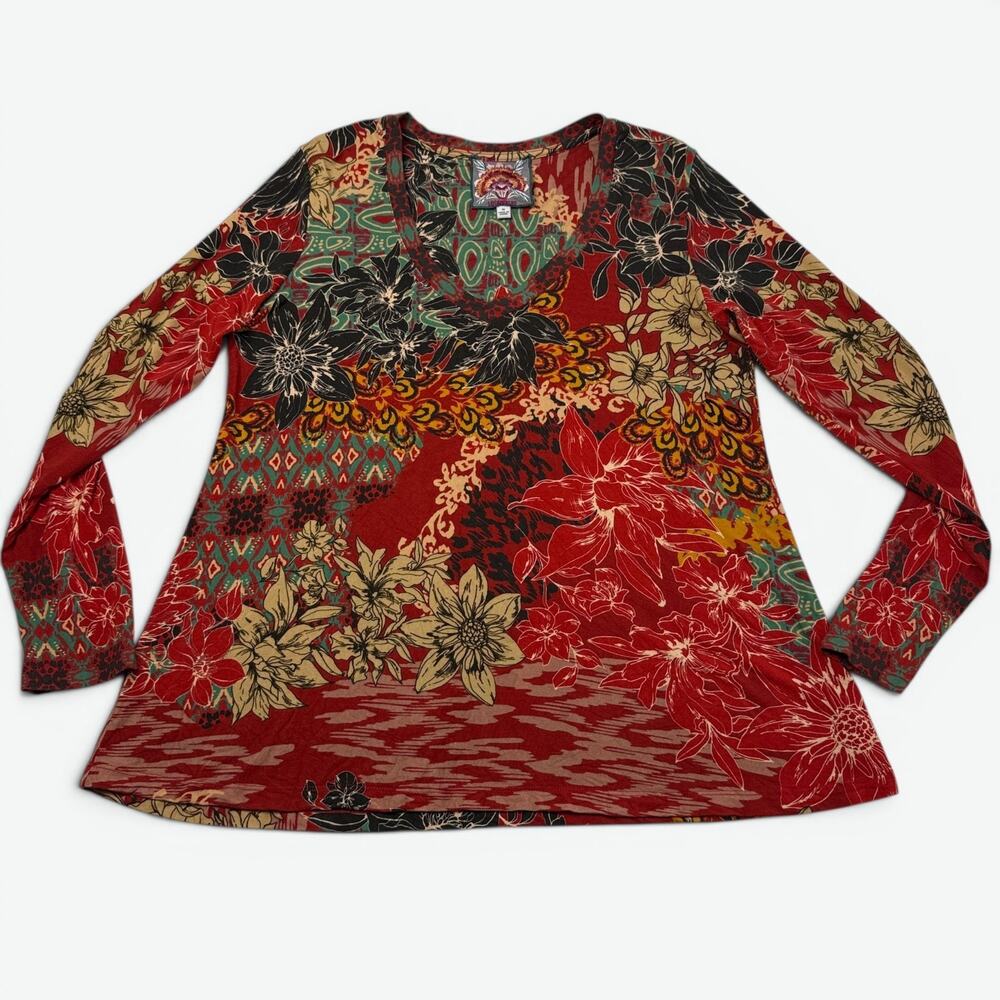 Johnny Was Ikat Patch Favorite Swing Tee Womens Medium Long Sleeve V Neck Floral
